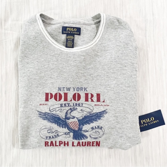Polo Shirt Ralph Lauren Gray Polo Eagle Logo Waffle Knit Crewneck NWT - Picture 2 of 10